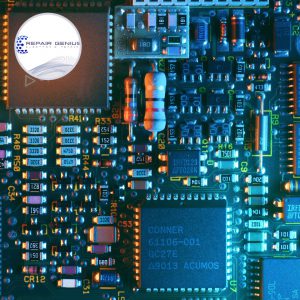 Close-up of an electronic circuit board representing professional motherboard and component repair.