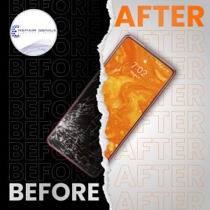 Before and after comparison showing a damaged iPhone screen restored through professional screen repair