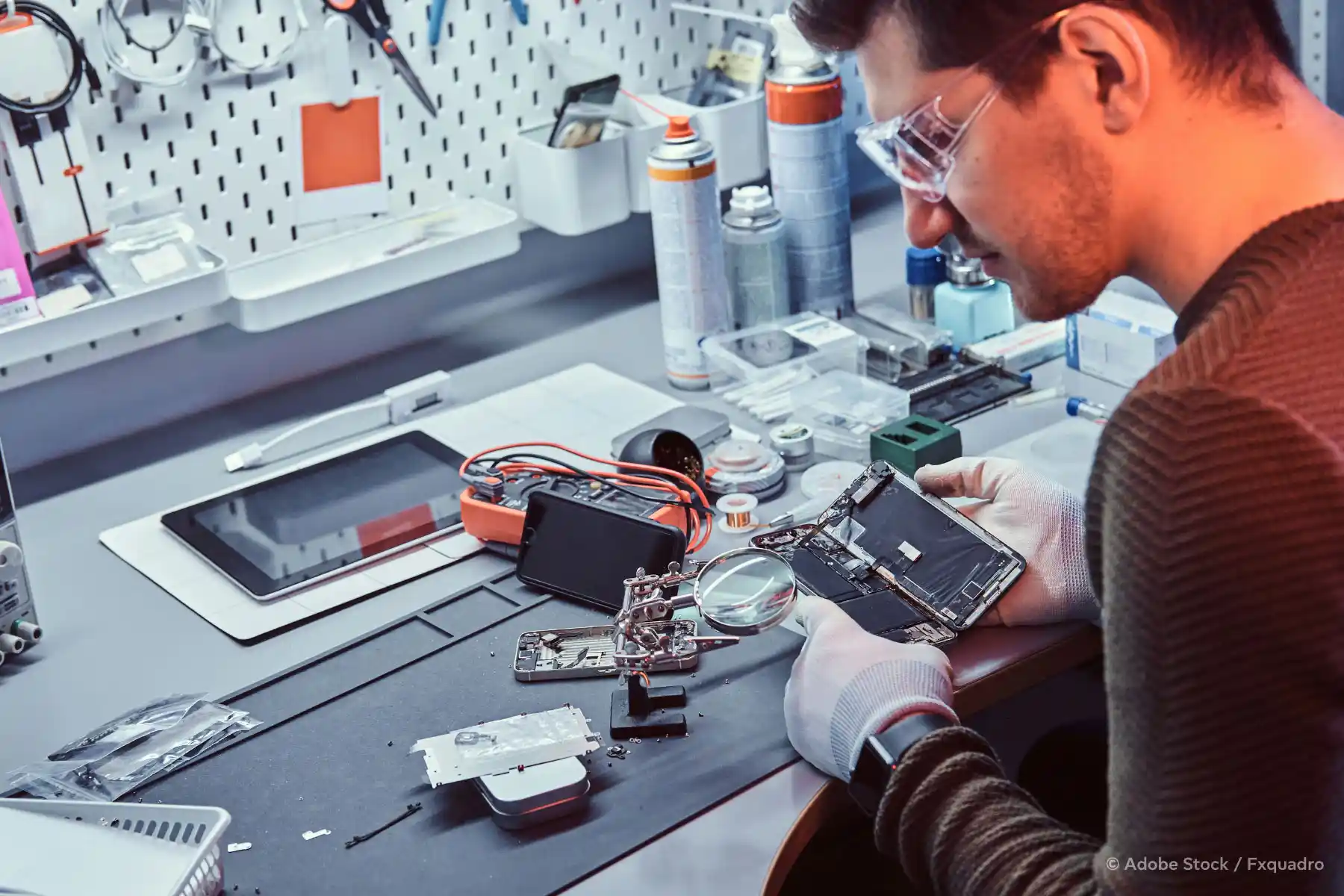 Technician performing on-site computer repair by inspecting a smartphone motherboard with precision tools