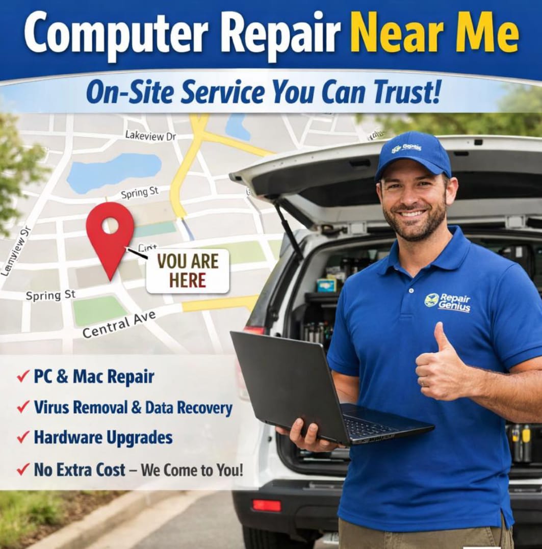 Computer repair technician providing on-site service with a mobile repair van and laptop, promoting local computer repair near me services