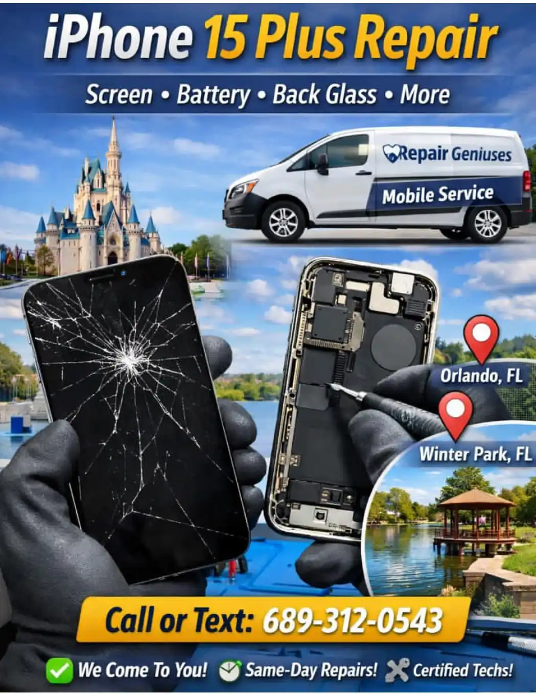 iPhone 15 Plus repair service advertisement showing cracked screen repair, internal phone repair, and mobile repair van serving Orlando FL and Winter Park FL