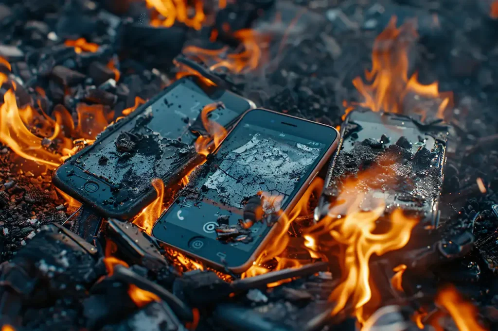 Three damaged smartphones burning in flames among hot coals and debris.