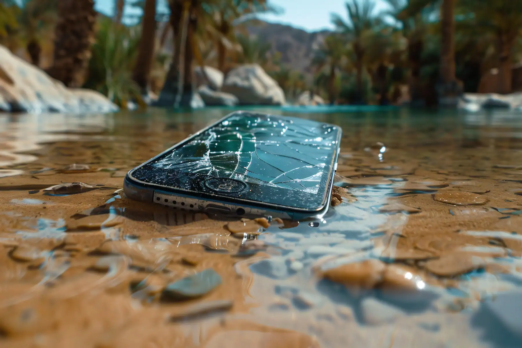 Broken smartphone lying in shallow water on a sandy surface with palm trees and rocks blurred in the background.