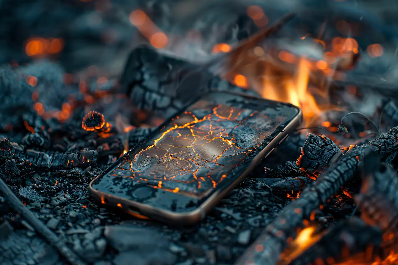 Burning smartphone with a shattered screen lying among hot embers and flames.