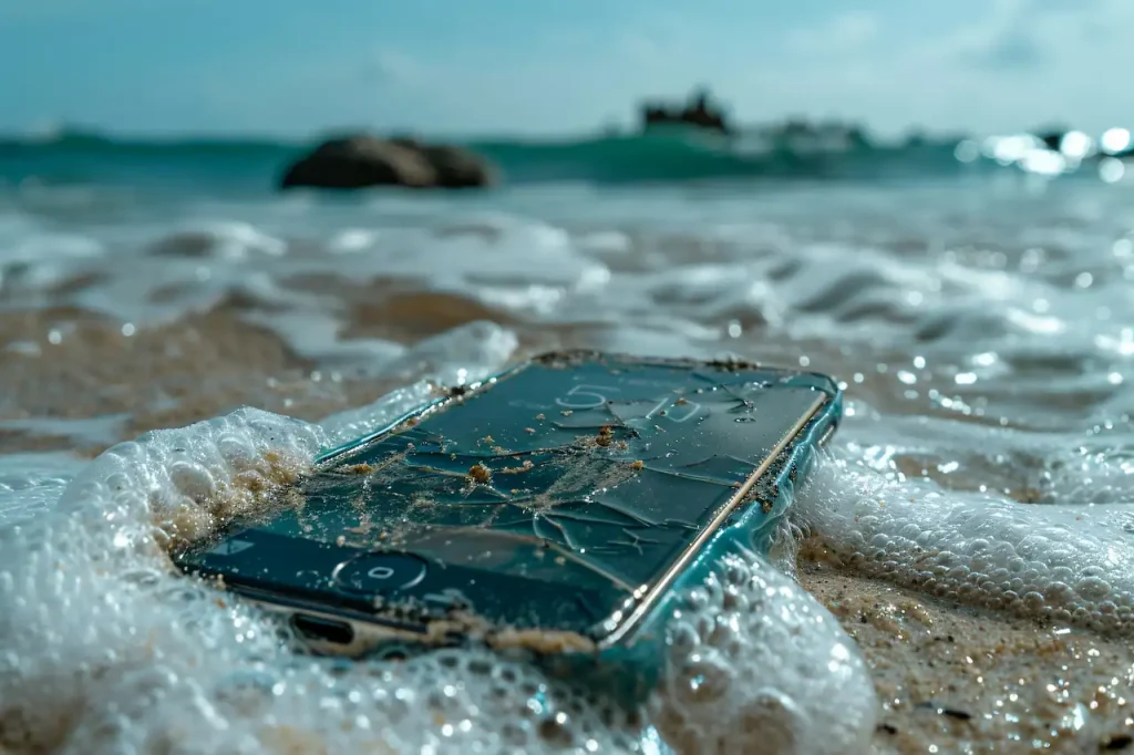 Cracked smartphone lying in shallow seawater on a sandy beach with waves and blurred coastal background.