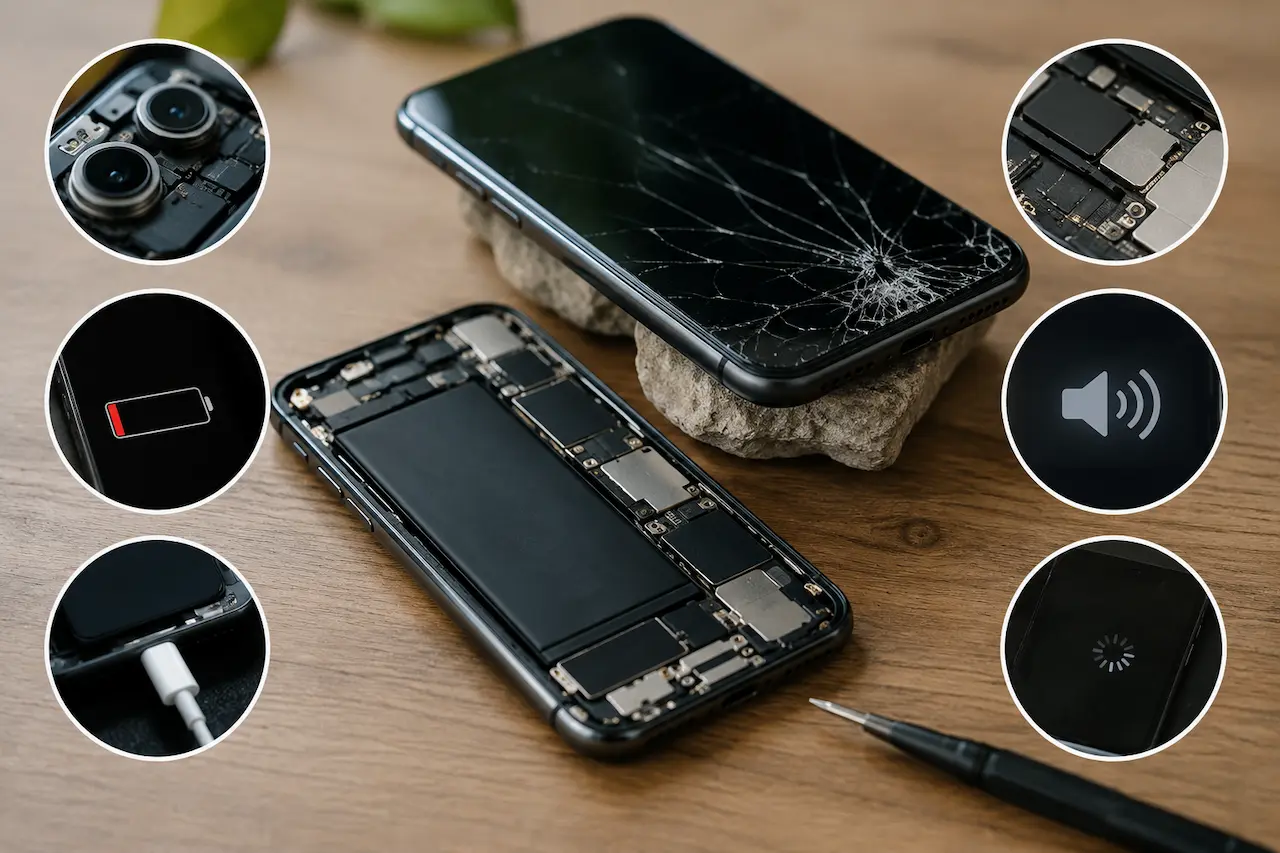 Opened iPhone with damaged internal components showing signs of internal iPhone damage after a drop.