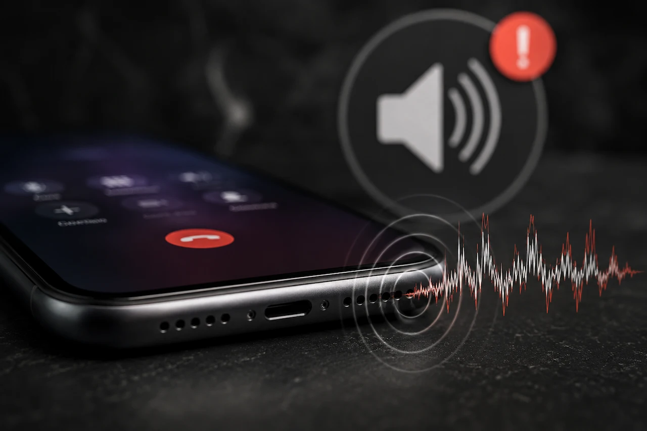 Smartphone with distorted audio waves showing phone speaker distorted sound and muffled speaker issues.