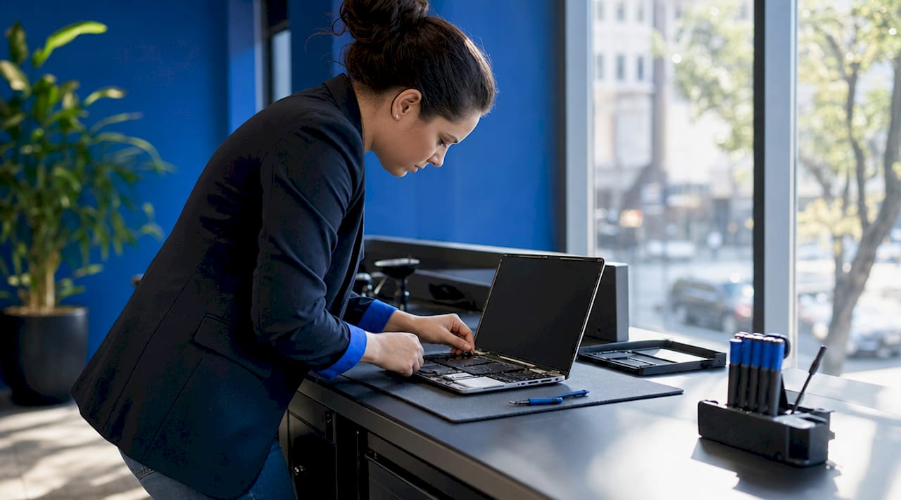 Female IT technician repairing laptop at office desk