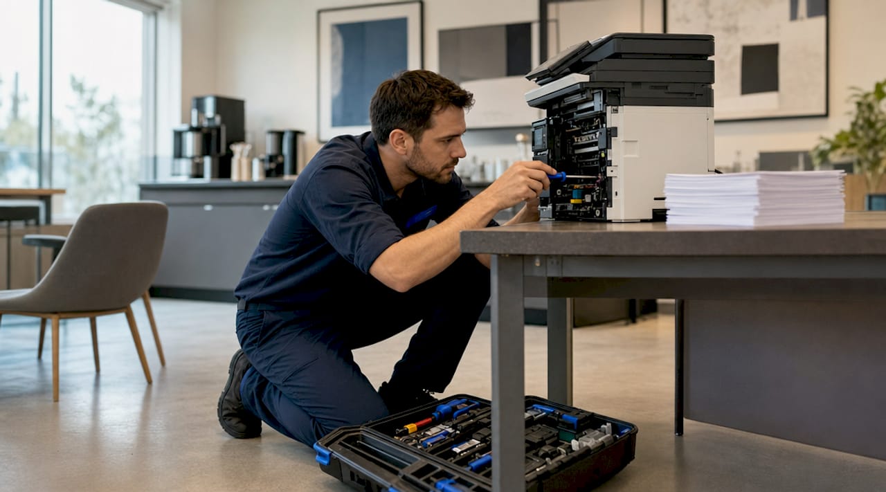 Technician repairing office printer on-site