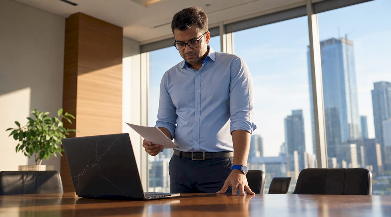 IT manager looking at cracked business laptop screen