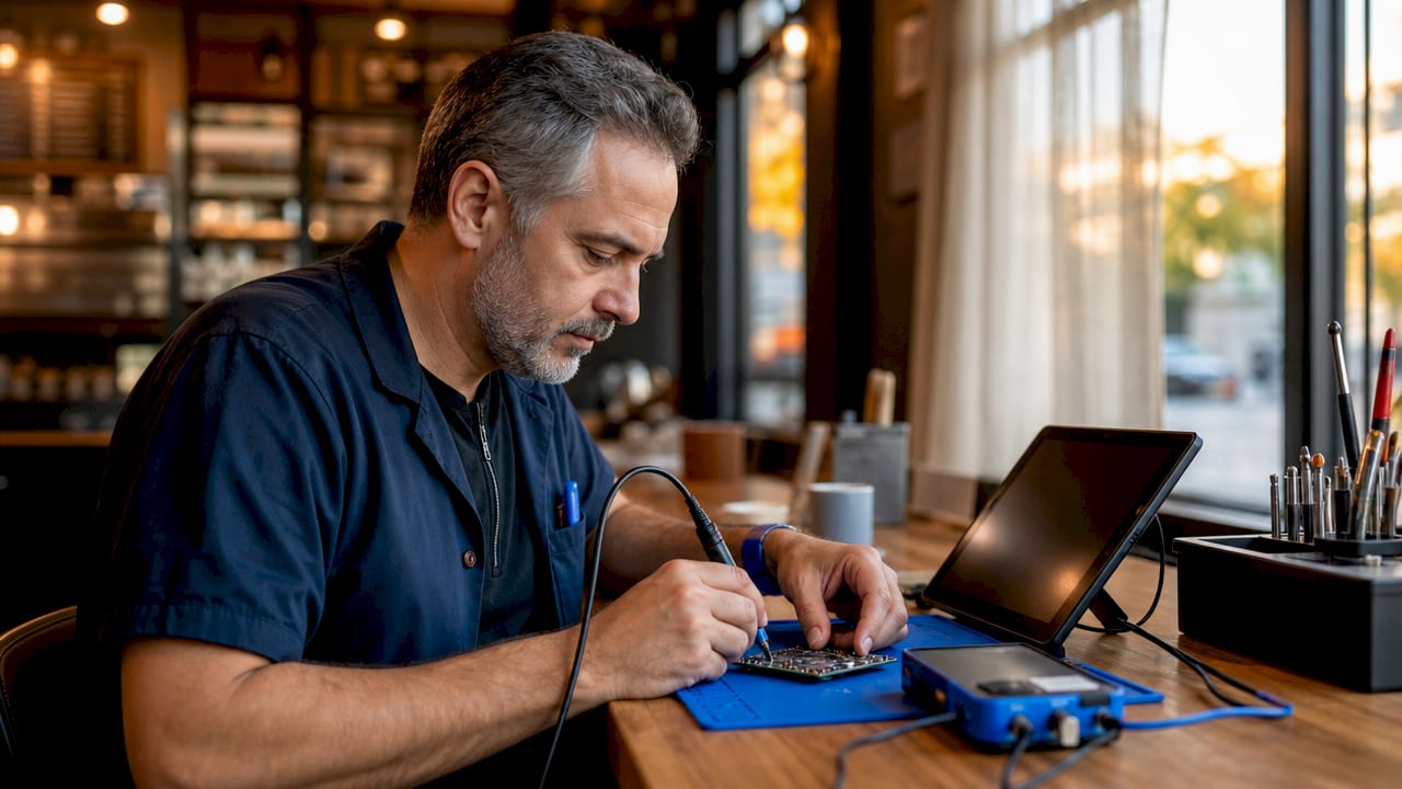 Technician using diagnostic software in repair workshop