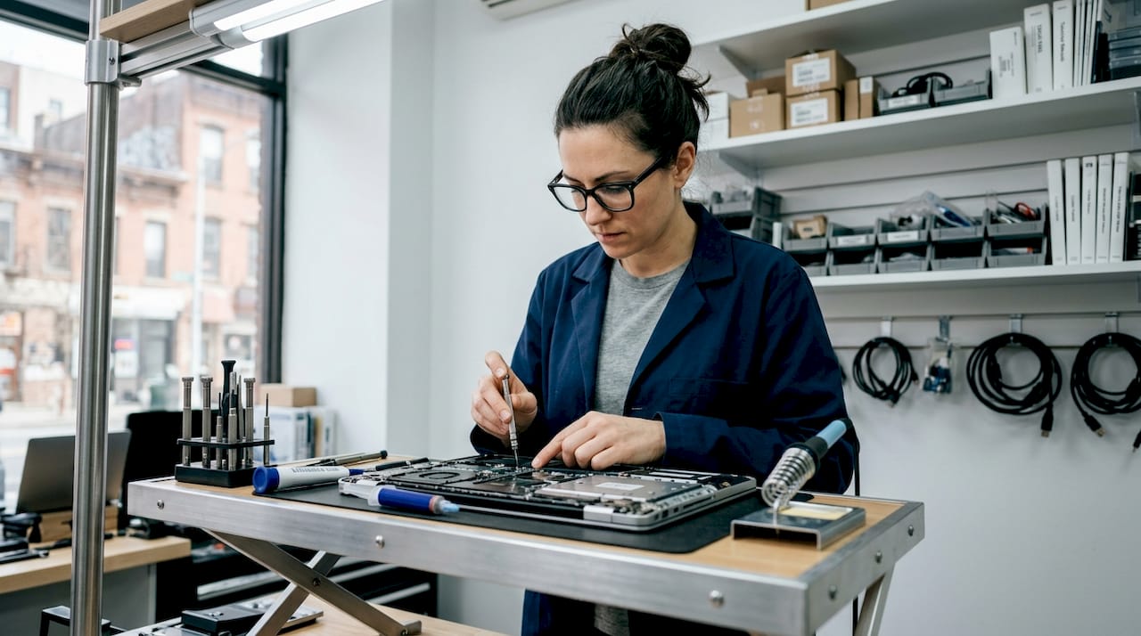 Technician inspecting laptop components carefully