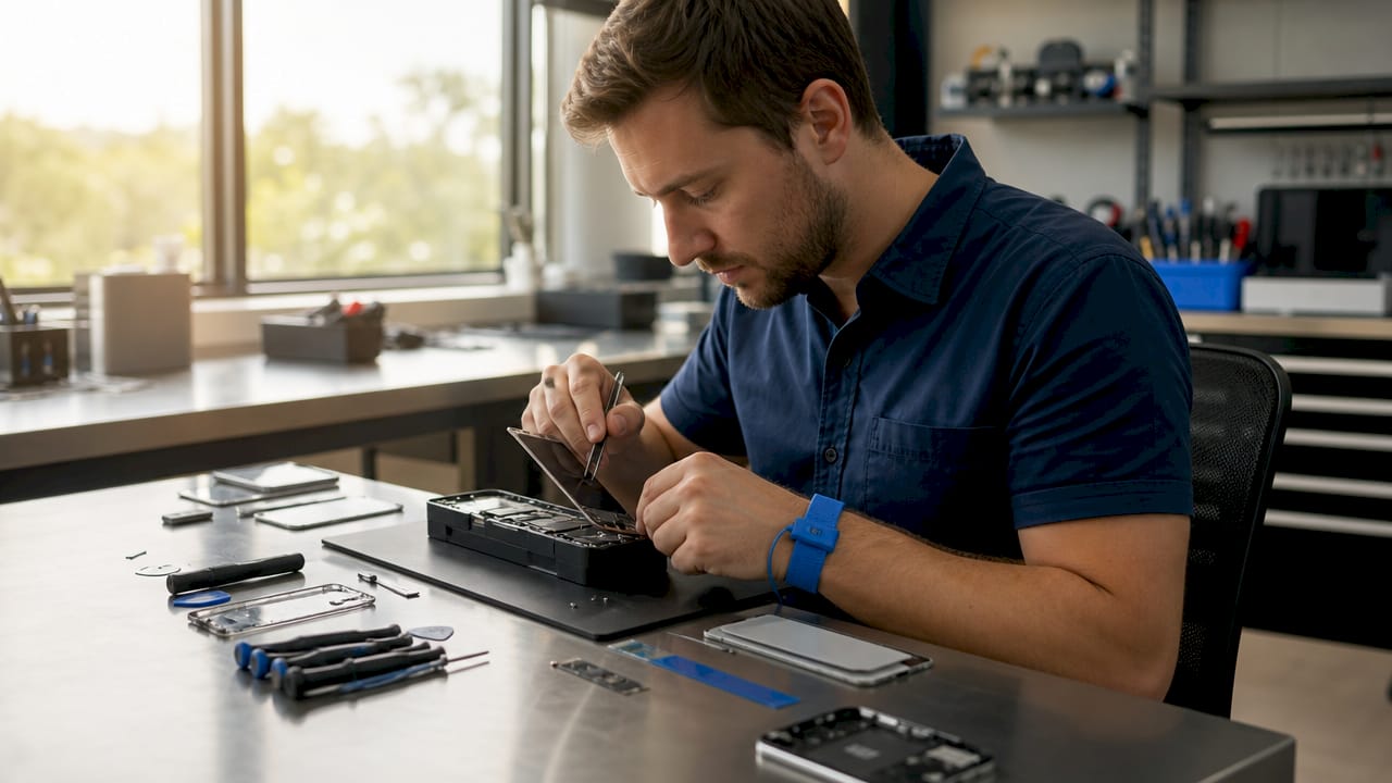 Technician removing iPhone screen in repair studio
