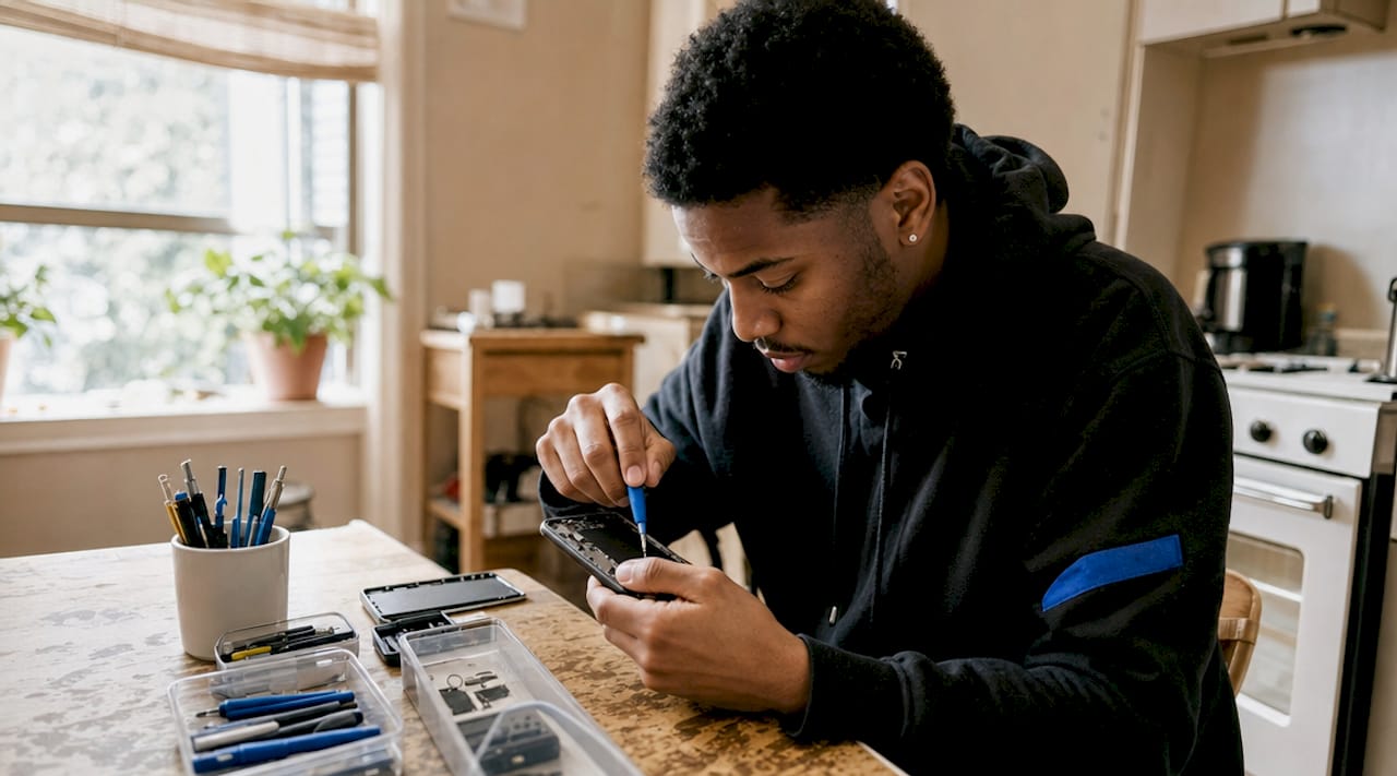 Technician repairing phone in home workshop