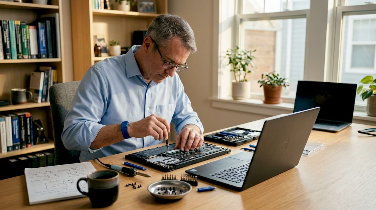 Technician repairing laptop battery at workstation