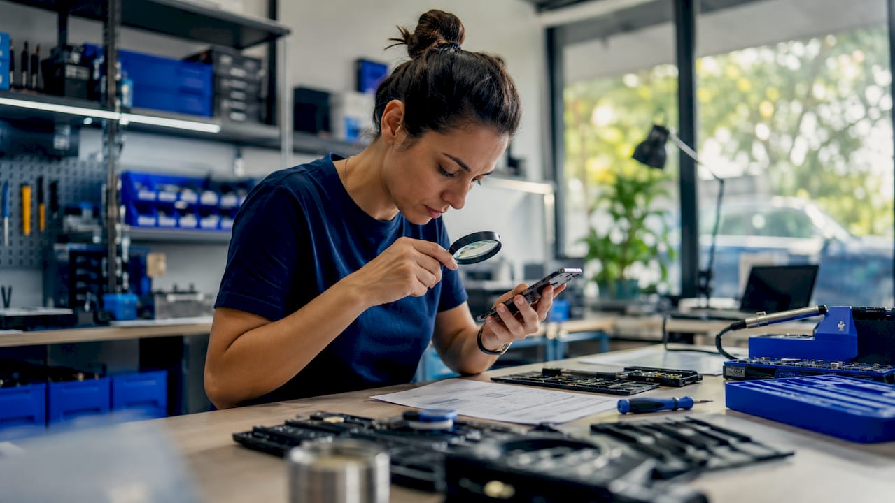 Technician inspecting phone with repair guarantee document