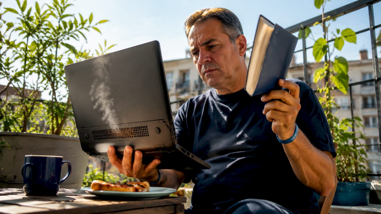 Man fanning overheating laptop at kitchen table