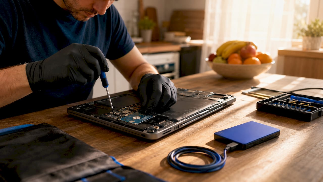 Technician backing up data from laptop hard drive