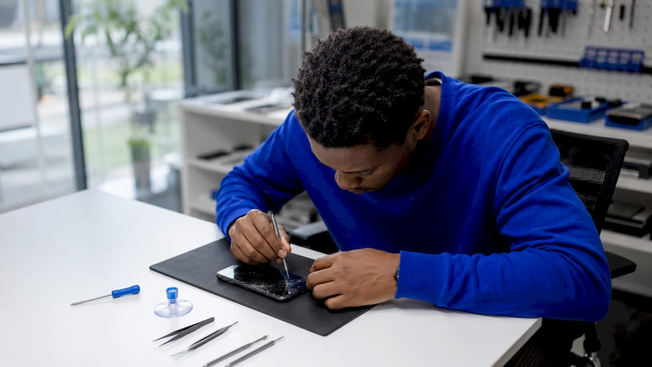 Technician inspecting cracked smartphone screen