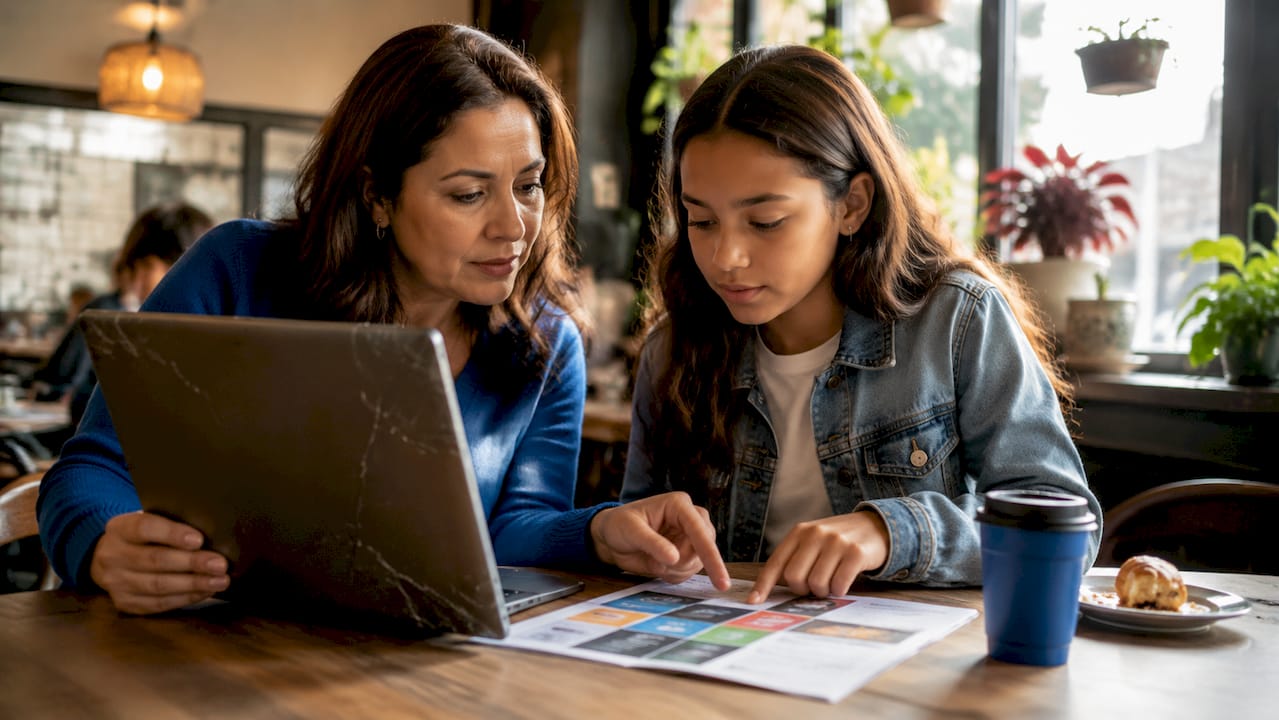Mother and daughter reviewing laptop repair options