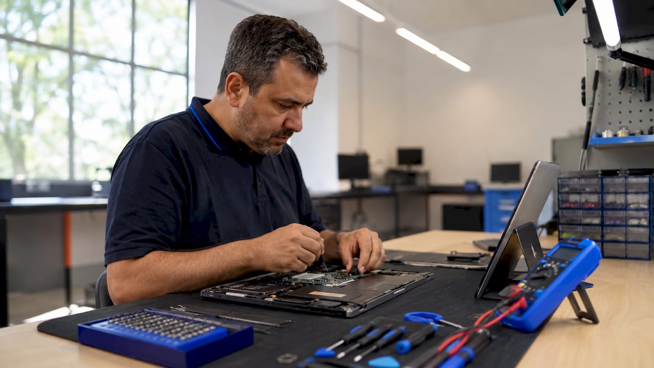 Technician inspecting laptop for repair diagnosis