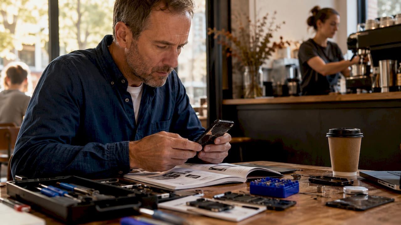 Man inspecting cracked smartphone at kitchen table