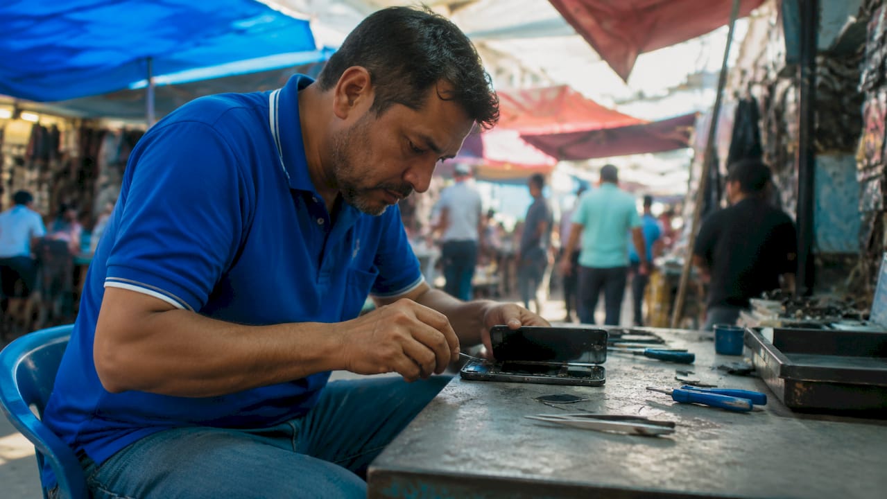 Technician inspecting a disassembled smartphone in repair shop