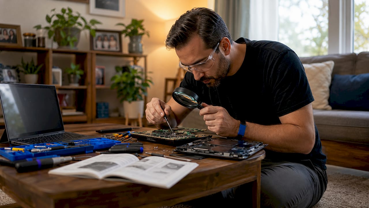 Technician inspecting laptop motherboard at workbench