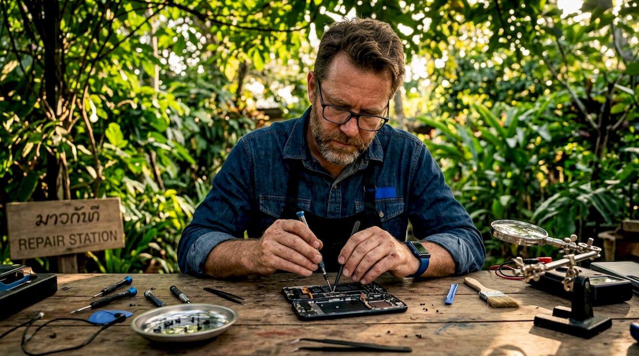 Technician examining smartphone for repair consultation