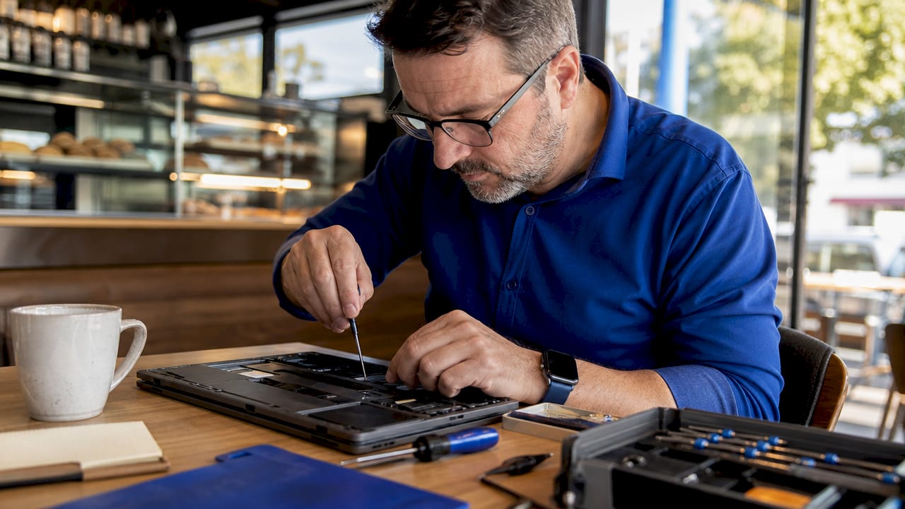 Technician repairing end-of-life laptop