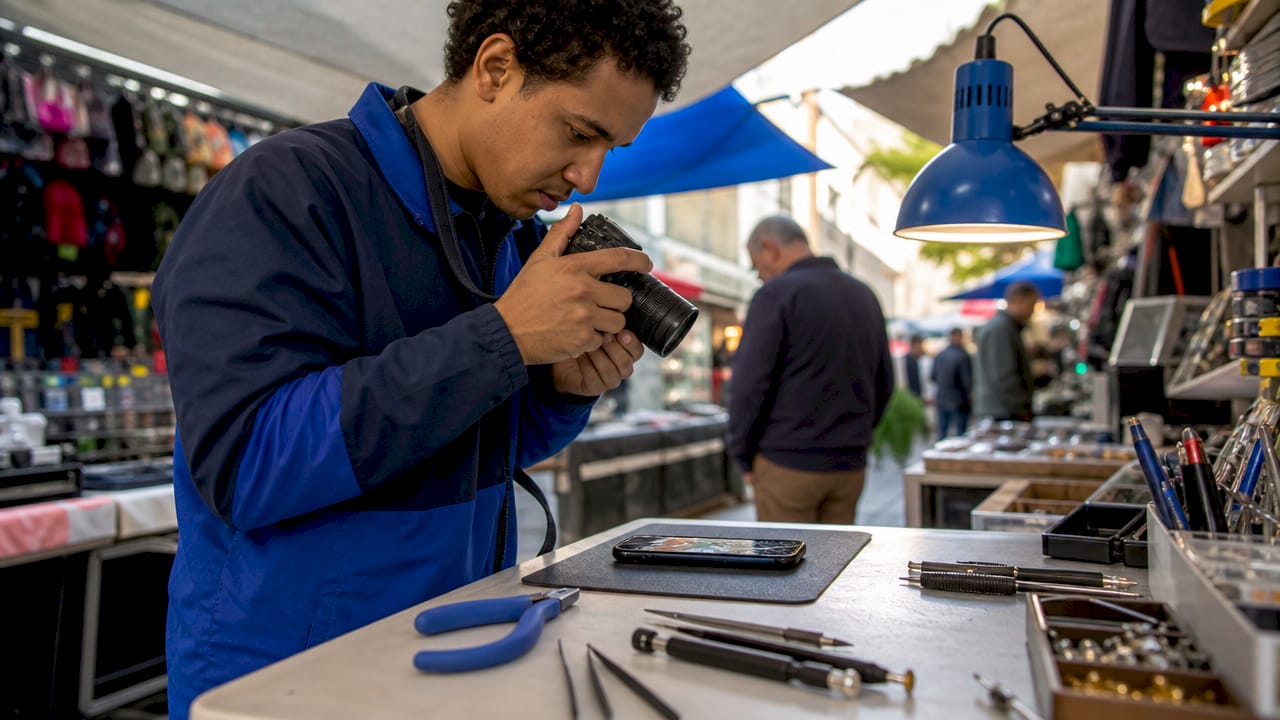 Technician photographing damaged smartphone at intake