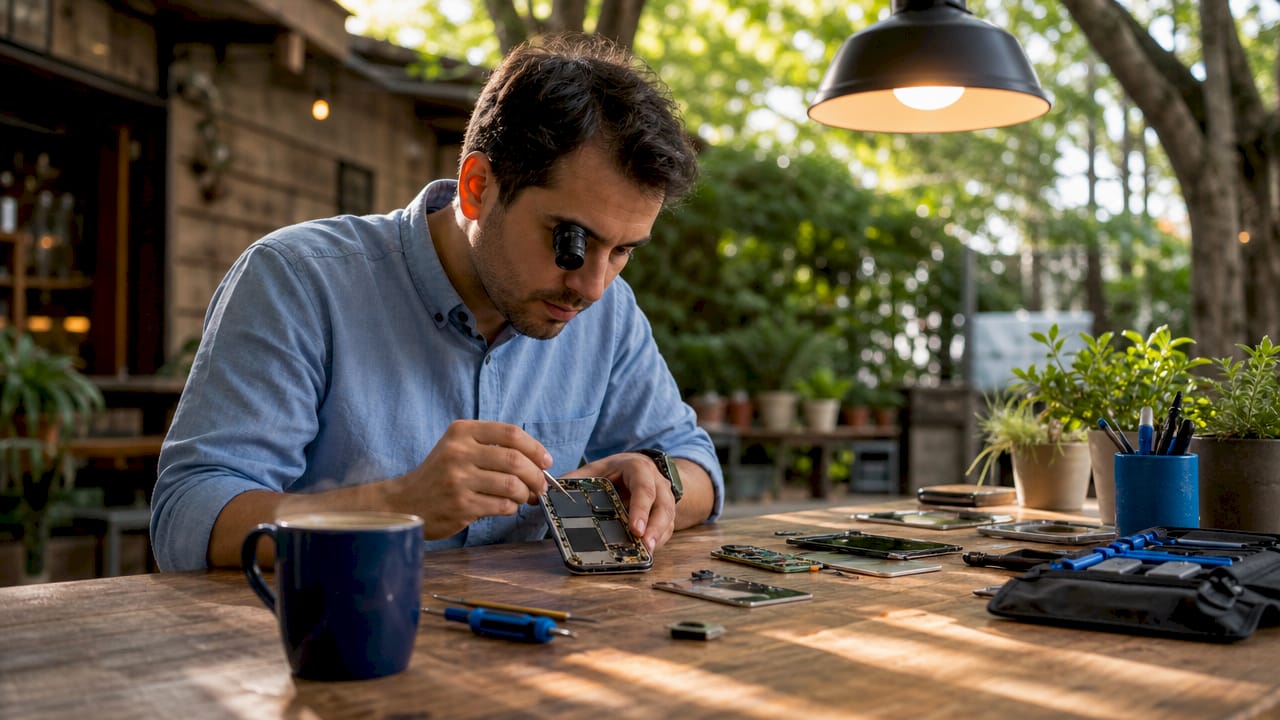 Technician inspecting smartphone circuit board