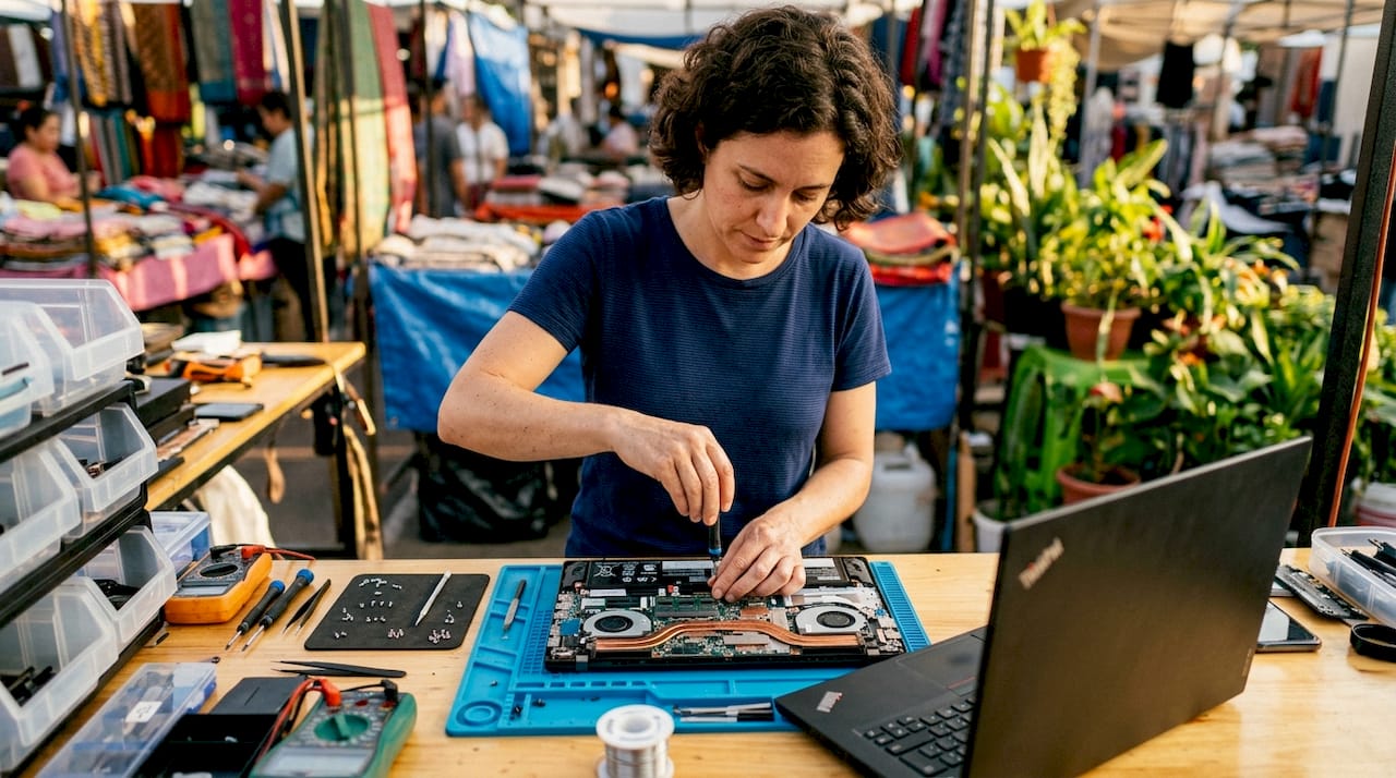 Technician disassembling business laptop at workbench