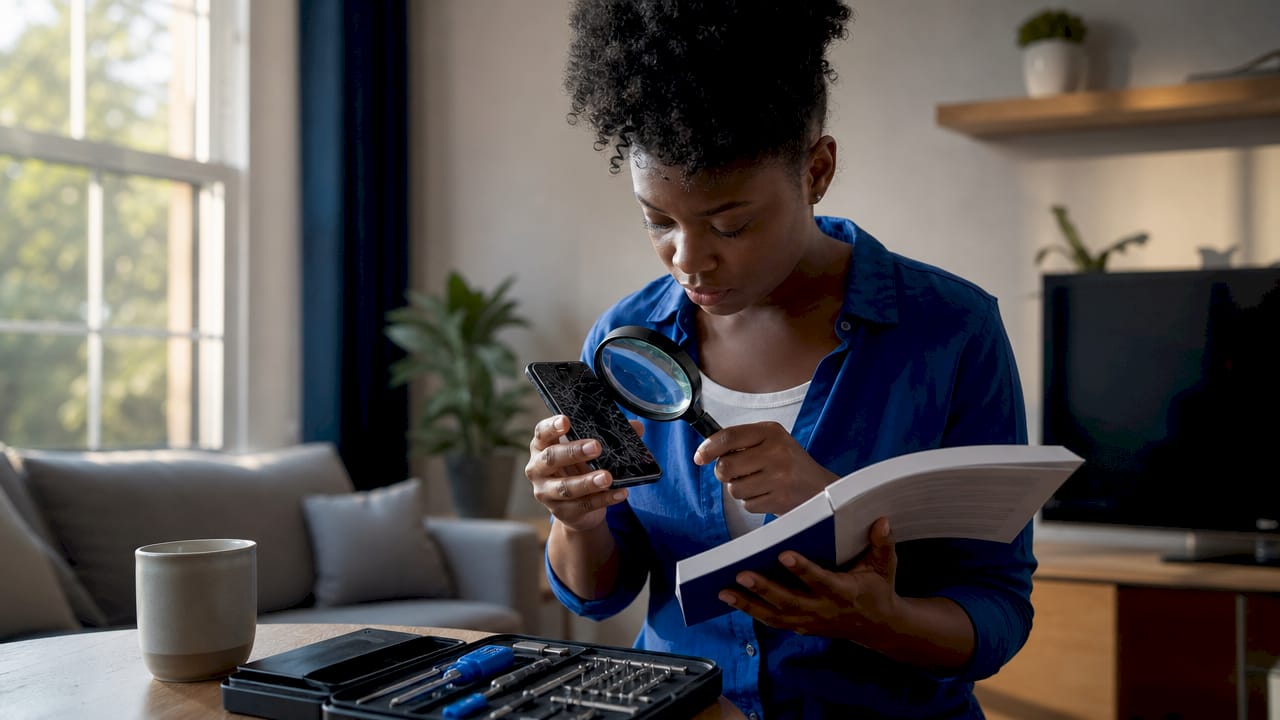 Woman assessing phone repair cost at kitchen table