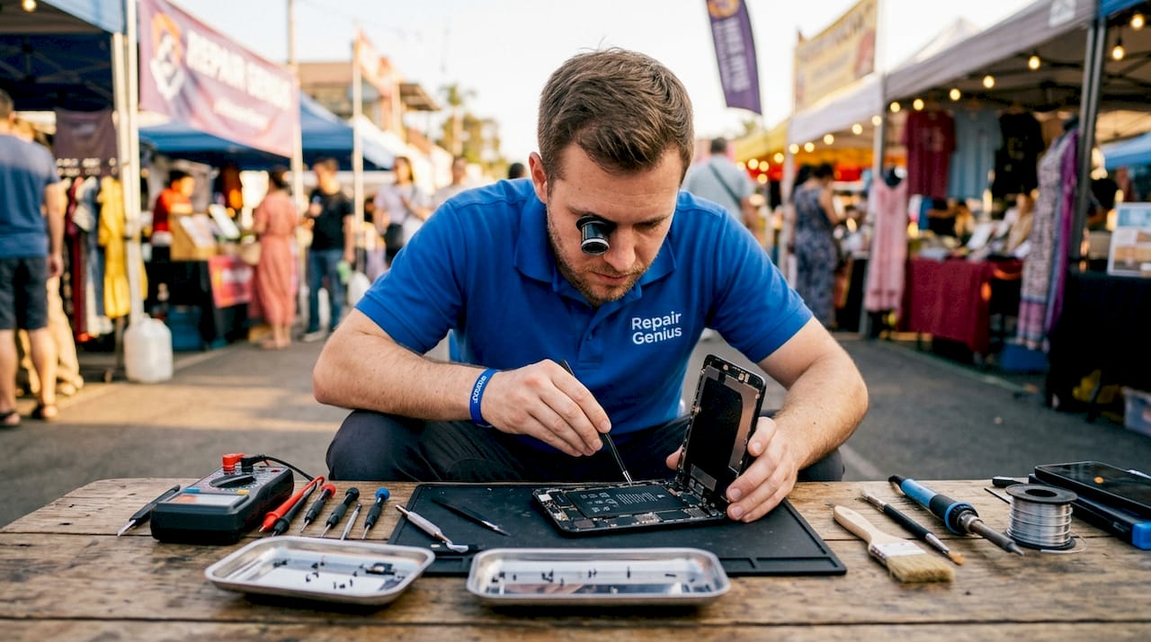 Technician repairing smartphone at workbench