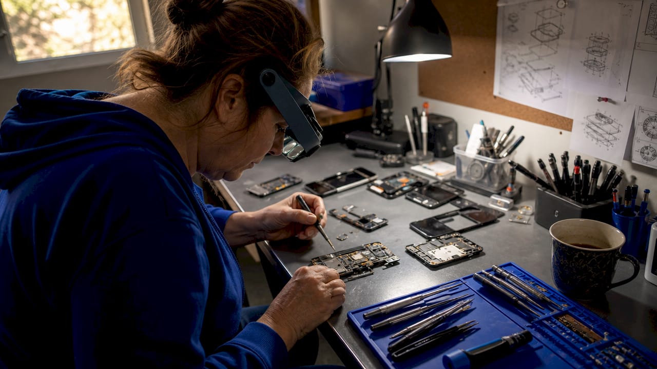 Trusted female technician repairing a smartphone