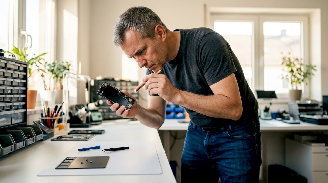 Man repairing smartphone at home desk