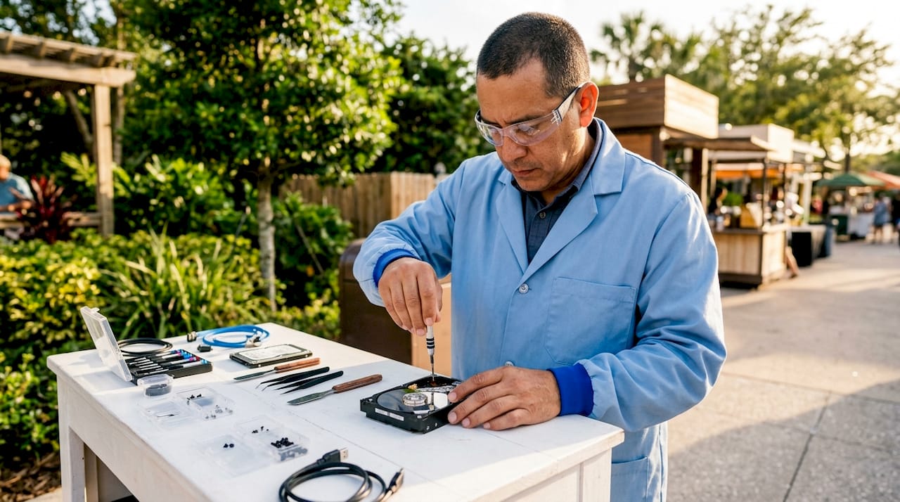 Data recovery technician inspecting hard drive in lab