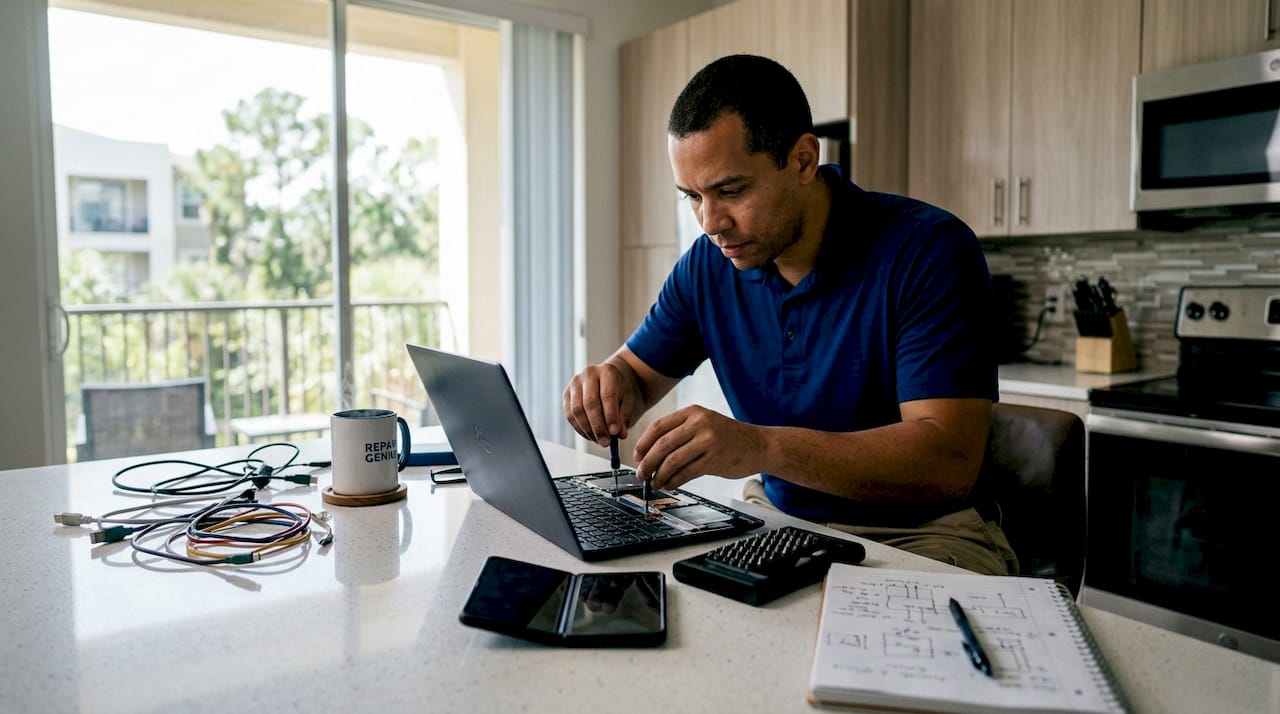 Technician repairing laptop onsite at home