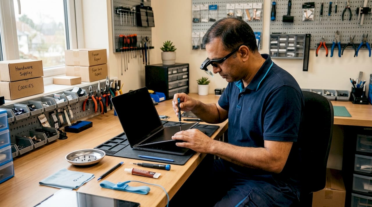 Technician replacing MacBook screen at repair bench