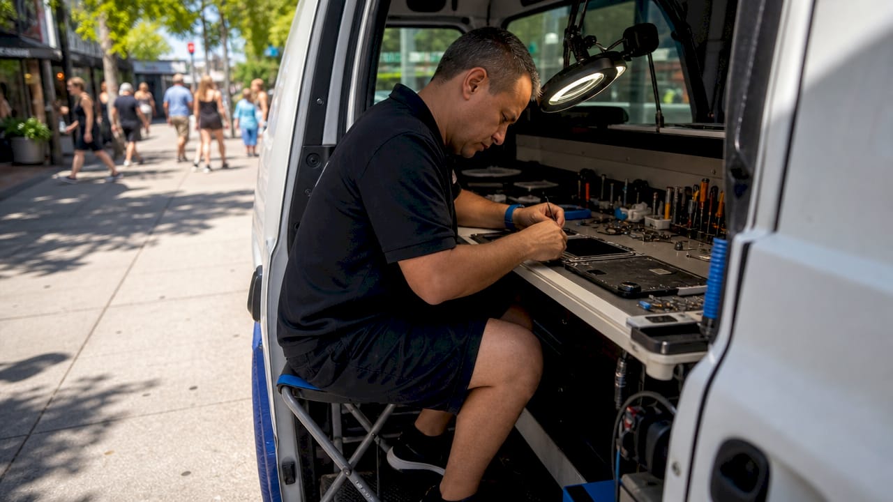 Technician repairing iPad screen inside mobile van