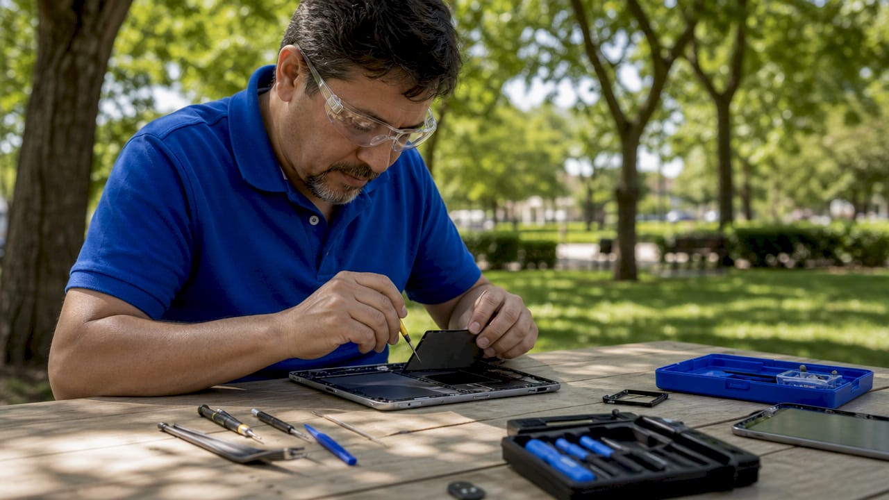 Technician repairing iPad battery at workbench