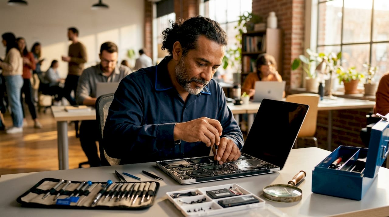 Technician repairing laptop at workbench