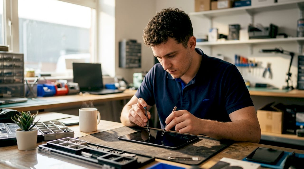 Technician repairing iPad digitizer at workbench