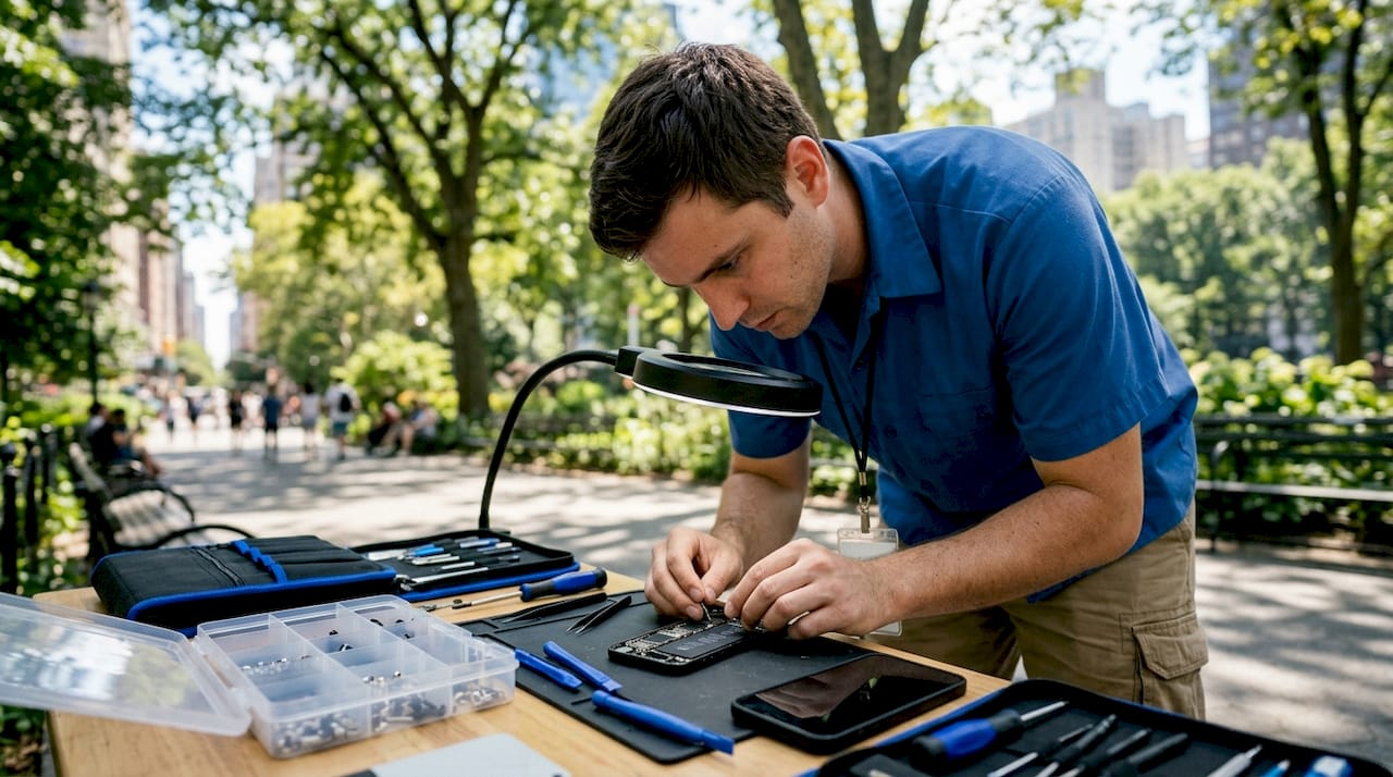 Technician repairing iPhone charging port