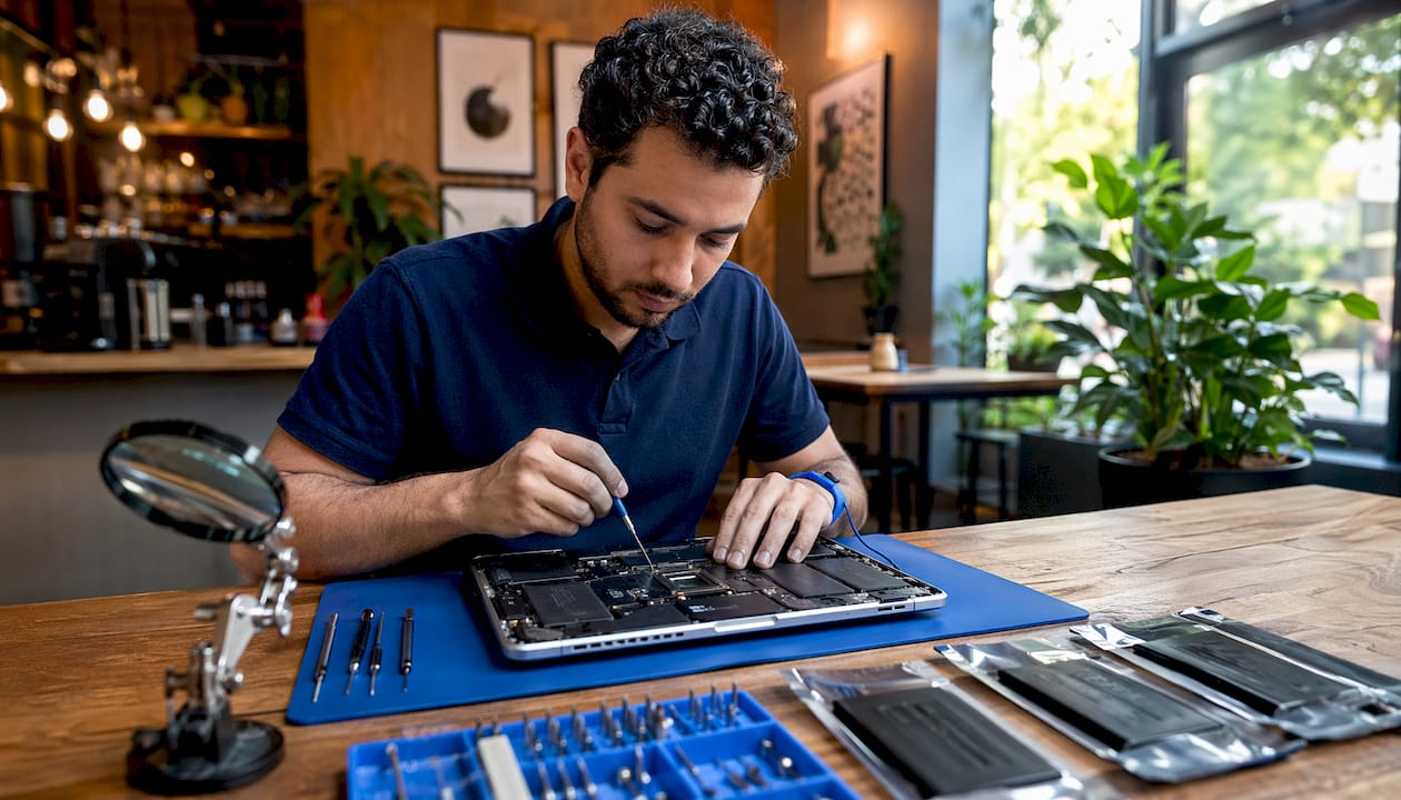 Technician repairing MacBook battery at workbench