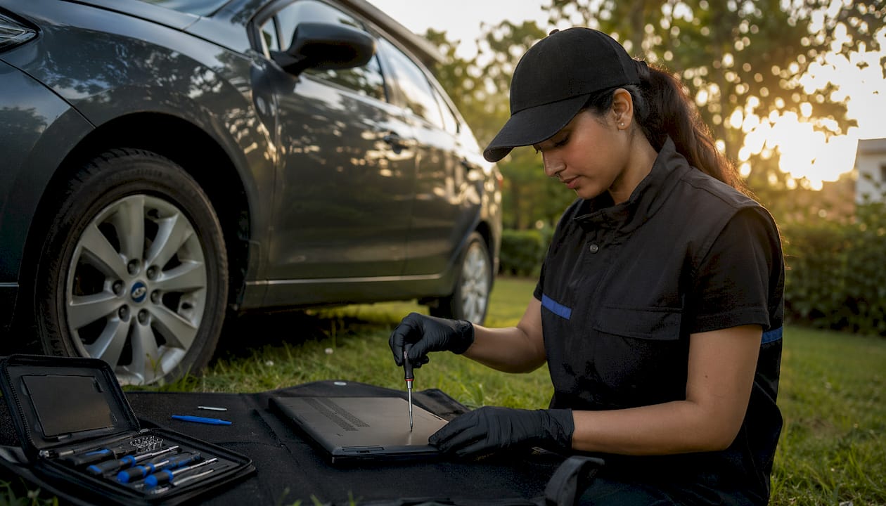 Mobile technician repairing laptop onsite outdoors
