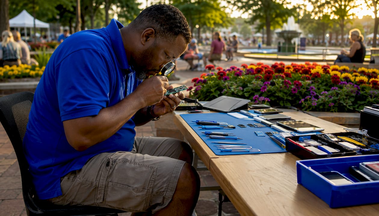 Technician inspecting smartphone circuit board