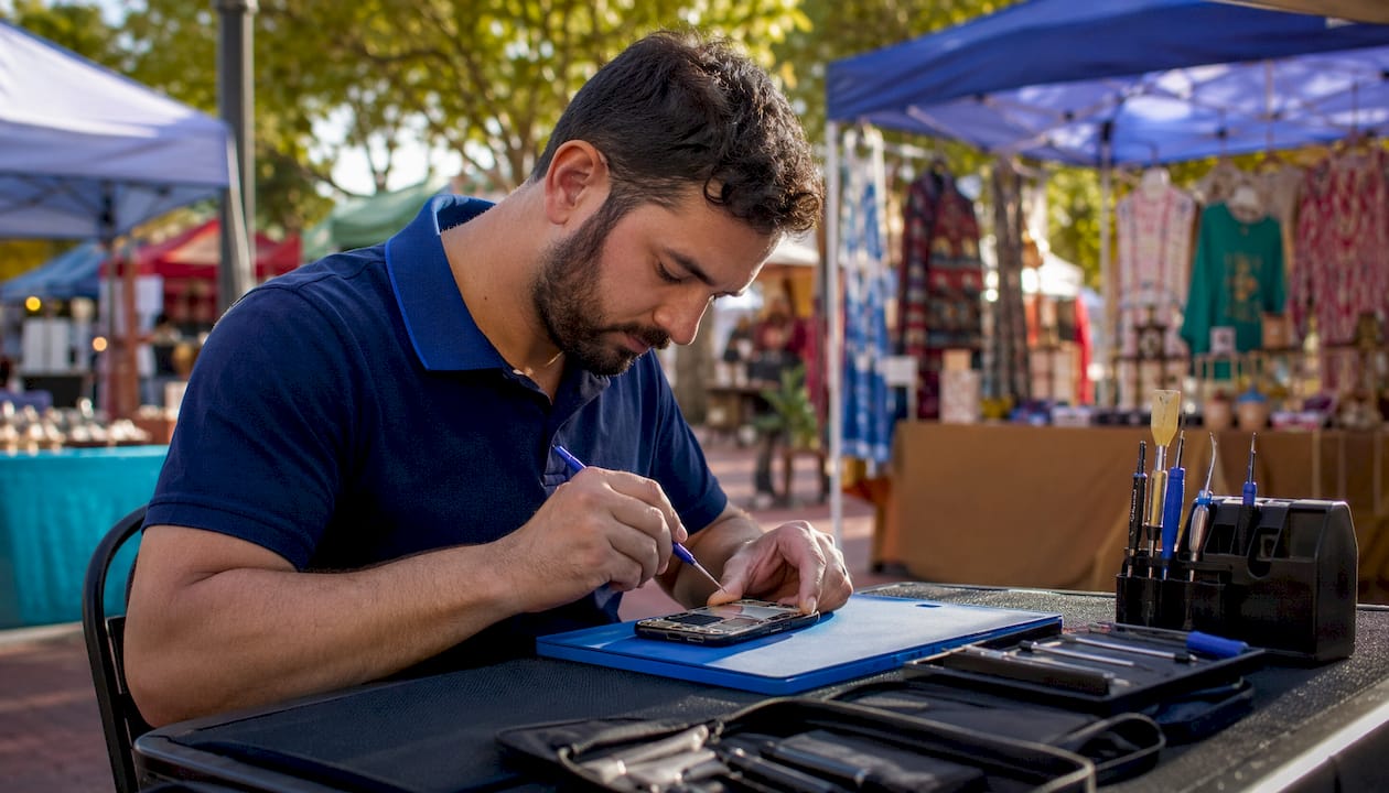 Mobile phone repair technician working outdoors