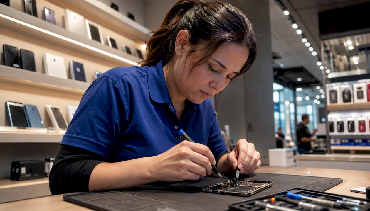 Apple technician repairing phone at bench